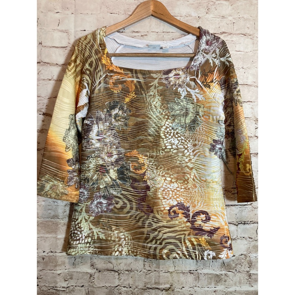 Cato Top Womens Large Rust Brown Floral Swirly Textured‎ Square Neck Pullover